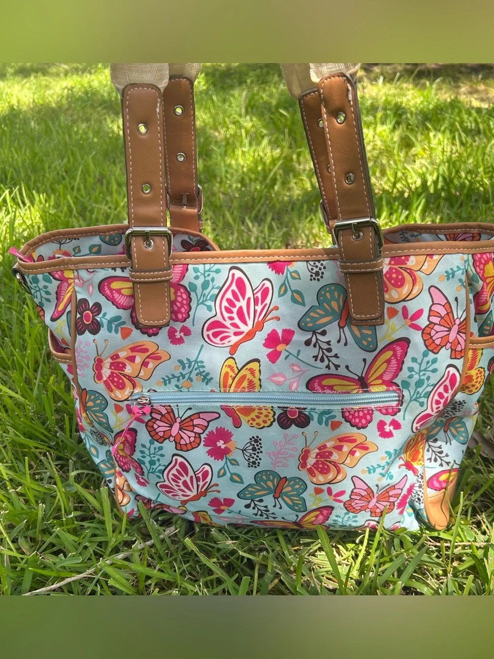 Lily Bloom Butterfly Print Tote in Blue, Pink & Tan